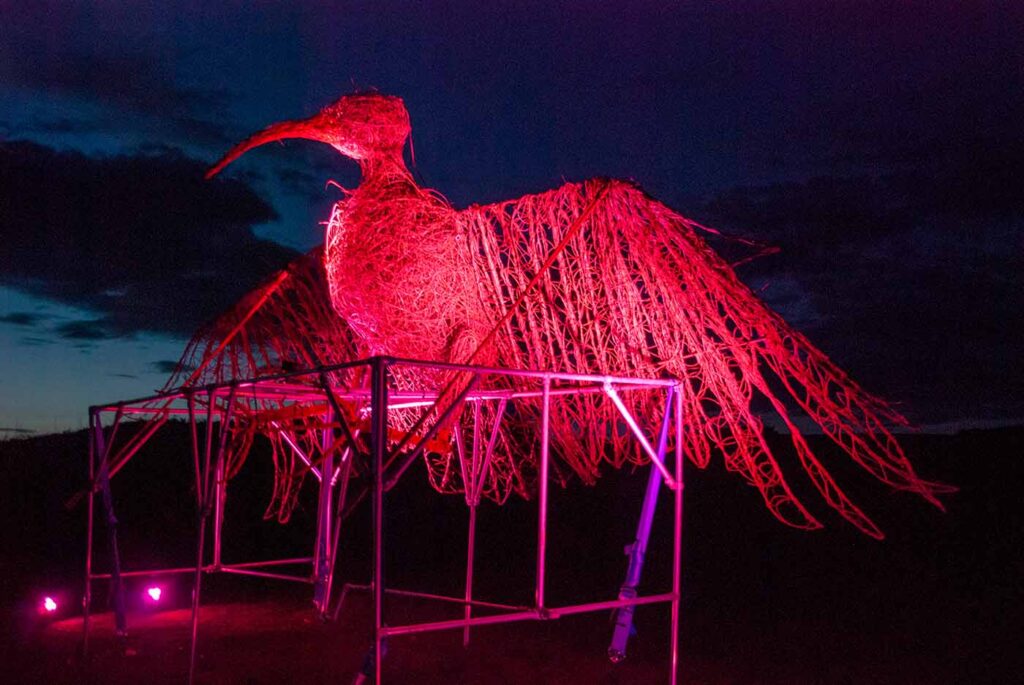 bird sculpture lit up in red